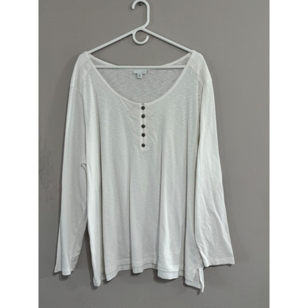 J. Jill White Embroidered Henley Long Sleeve Slub Knit Top Plus Size 3X